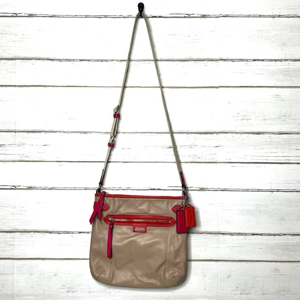 Coach Tan Pink Orange Leather Crossbody Messenger Bag Purse - Picture 2 of 12